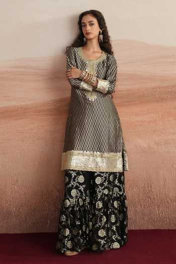Mustard Moon By Neyha And Vrinda Amina Embroidered Woven Kurta & Sharara Set