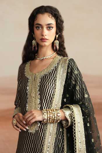 Mustard Moon By Neyha And Vrinda Black Georgette, Silk, Brocade, Net Amina Embroidered Woven Kurta And Sharara Set at Aza Fashions Mustard Moon By Neyha And Vrinda_Black Georgette, Silk, Brocade, Net Amina Embroidered Woven Kurta And Sharara Set _at_Aza_Fashions
