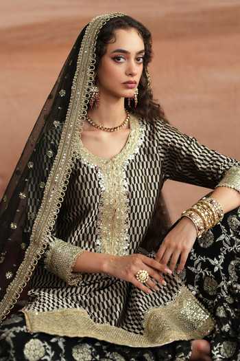 Buy Mustard Moon By Neyha And Vrinda Black Georgette, Silk, Brocade, Net Amina Embroidered Woven Kurta And Sharara Set Buy_Mustard Moon By Neyha And Vrinda_Black Georgette, Silk, Brocade, Net Amina Embroidered Woven Kurta And Sharara Set