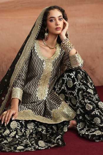 Shop Mustard Moon By Neyha And Vrinda Black Georgette, Silk, Brocade, Net Amina Embroidered Woven Kurta And Sharara Set Shop_Mustard Moon By Neyha And Vrinda_Black Georgette, Silk, Brocade, Net Amina Embroidered Woven Kurta And Sharara Set