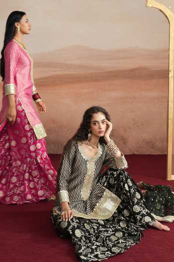 Mustard Moon By Neyha And Vrinda_Pink Georgette, Silk, Brocade, Net Amina Embroidered Woven Kurta Sharara Set _Online_at_Aza_Fashions