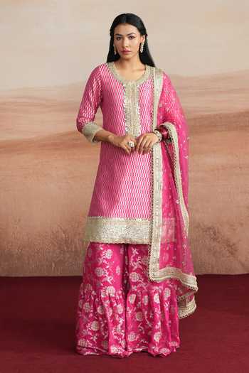 Mustard Moon By Neyha And Vrinda Amina Embroidered Woven Kurta Sharara Set