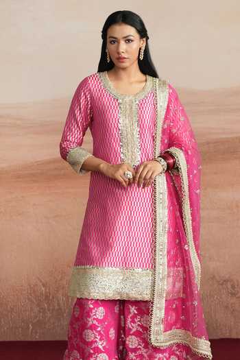 Buy_Mustard Moon By Neyha And Vrinda_Pink Georgette, Silk, Brocade, Net Amina Embroidered Woven Kurta Sharara Set _Online_at_Aza_Fashions