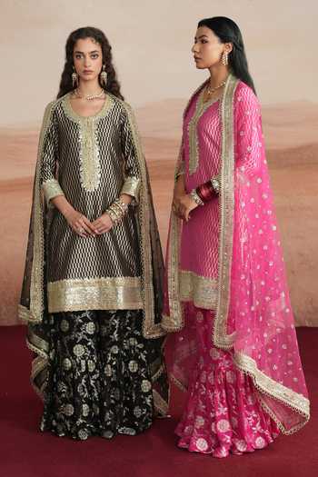 Shop_Mustard Moon By Neyha And Vrinda_Pink Georgette, Silk, Brocade, Net Amina Embroidered Woven Kurta Sharara Set _Online_at_Aza_Fashions