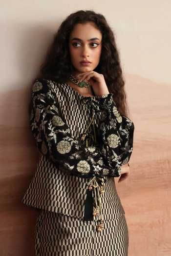 Mustard Moon By Neyha And Vrinda Black Brocade, Silk Round Neck Sahar Woven Jacket And Trouser Set Online at Aza Fashions Mustard Moon By Neyha And Vrinda_Black Brocade, Silk Round Neck Sahar Woven Jacket And Trouser Set _Online_at_Aza_Fashions