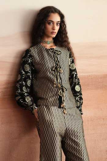 Shop Mustard Moon By Neyha And Vrinda Black Brocade, Silk Round Neck Sahar Woven Jacket And Trouser Set Online at Aza Fashions Shop_Mustard Moon By Neyha And Vrinda_Black Brocade, Silk Round Neck Sahar Woven Jacket And Trouser Set _Online_at_Aza_Fashions