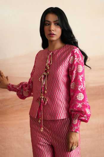 Buy Mustard Moon By Neyha And Vrinda Pink Brocade Round Neck Sahar Woven Jacket And Trouser Set Online at Aza Fashions Buy_Mustard Moon By Neyha And Vrinda_Pink Brocade Round Neck Sahar Woven Jacket And Trouser Set _Online_at_Aza_Fashions