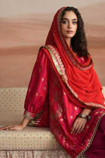 Shop Mustard Moon By Neyha And Vrinda Red Silk, Brocade, Satin, Modal, Georgette Janhavi Woven A-line Kurta Salwar Set Online at Aza Fashions Shop_Mustard Moon By Neyha And Vrinda_Red Silk, Brocade, Satin, Modal, Georgette Janhavi Woven A-line Kurta Salwar Set _Online_at_Aza_Fashions