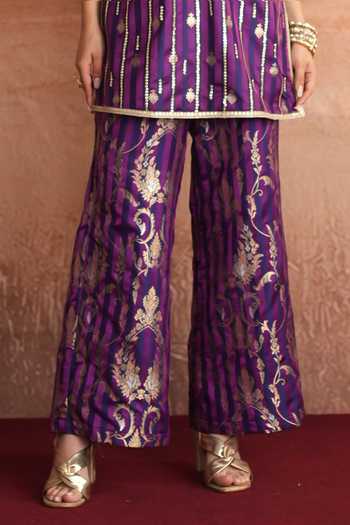Mustard Moon By Neyha And Vrinda_Purple Silk, Brocade V-neck Sameena Kurta And Palazzo Set _Online_at_Aza_Fashions