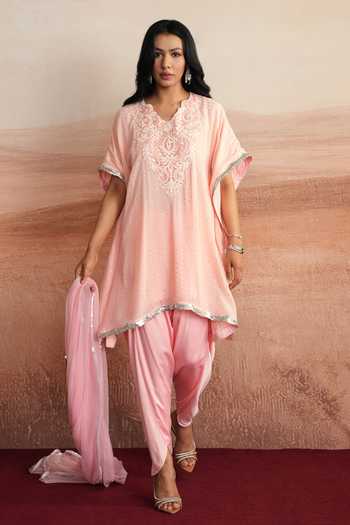Mustard Moon By Neyha And Vrinda Pink Georgette, Satin, Modal, Net Kamilah Embellished Kurta Dhoti Pant Set Online at Aza Fashions Mustard Moon By Neyha And Vrinda_Pink Georgette, Satin, Modal, Net Kamilah Embellished Kurta Dhoti Pant Set _Online_at_Aza_Fashions