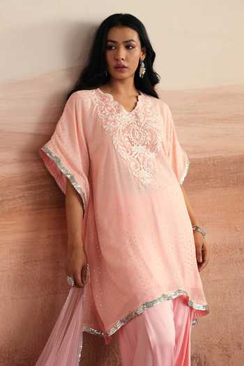 Buy Mustard Moon By Neyha And Vrinda Pink Georgette, Satin, Modal, Net Kamilah Embellished Kurta Dhoti Pant Set Online at Aza Fashions Buy_Mustard Moon By Neyha And Vrinda_Pink Georgette, Satin, Modal, Net Kamilah Embellished Kurta Dhoti Pant Set _Online_at_Aza_Fashions