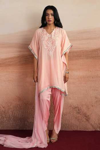 Shop Mustard Moon By Neyha And Vrinda Pink Georgette, Satin, Modal, Net Kamilah Embellished Kurta Dhoti Pant Set Online at Aza Fashions Shop_Mustard Moon By Neyha And Vrinda_Pink Georgette, Satin, Modal, Net Kamilah Embellished Kurta Dhoti Pant Set _Online_at_Aza_Fashions