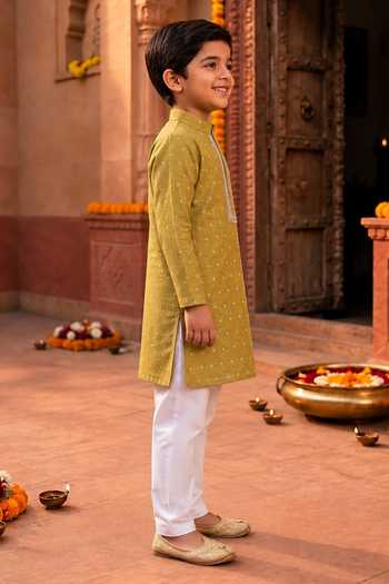 Shop Pankhuri By Priyanka Yellow Tissue Zari Butti Kurta And Pant Set Online at Aza Fashions Shop_Pankhuri By Priyanka_Yellow Tissue Zari Butti Kurta And Pant Set _Online_at_Aza_Fashions