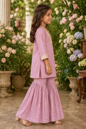 Shop Pankhuri By Priyanka Pink Tissue Embroidered Kurta And Gharara Set Online at Aza Fashions Shop_Pankhuri By Priyanka_Pink Tissue Embroidered Kurta And Gharara Set _Online_at_Aza_Fashions