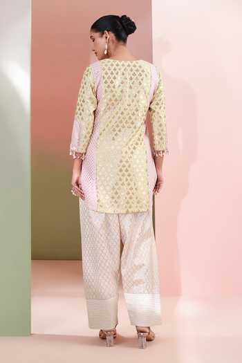 Buy_Priyanka Jain_Pink Chanderi Round Neck, Yes Meher Embroidered Kurta Set _Online_at_Aza_Fashions