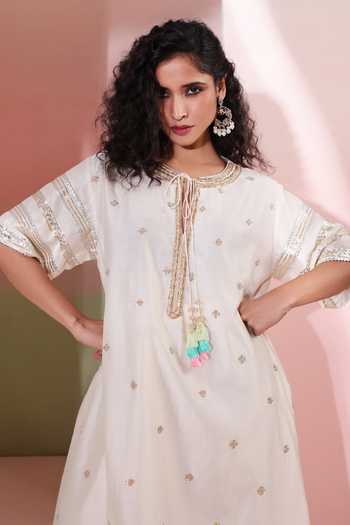 Buy Priyanka Jain Ivory Chanderi Sequins Round Neck Aafreen Embroidered Kaftan And Palazzo Set Buy_Priyanka Jain_Ivory Chanderi Sequins Round Neck Aafreen Embroidered Kaftan And Palazzo Set
