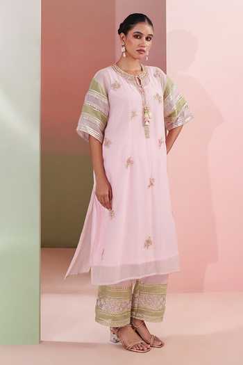 Shop Priyanka Jain Pink Chanderi Gota Patti Round Neck Gulabo Embroidered Kaftan And Palazzo Set Online at Aza Fashions Shop_Priyanka Jain_Pink Chanderi Gota Patti Round Neck Gulabo Embroidered Kaftan And Palazzo Set _Online_at_Aza_Fashions