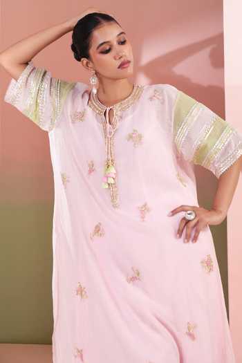 Priyanka Jain Pink Chanderi Gota Patti Round Neck Gulabo Embroidered Kaftan And Palazzo Set at Aza Fashions Priyanka Jain_Pink Chanderi Gota Patti Round Neck Gulabo Embroidered Kaftan And Palazzo Set _at_Aza_Fashions