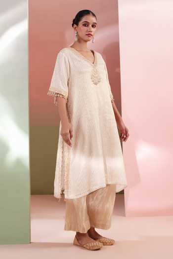 Buy_Priyanka Jain_Gold Tissue V-neck Sunehri Embroidered Kaftan And Palazzo Set _Online_at_Aza_Fashions