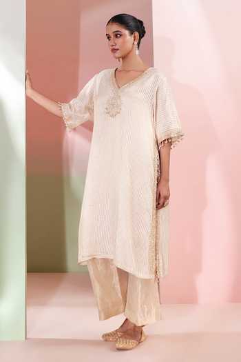 Shop_Priyanka Jain_Gold Tissue V-neck Sunehri Embroidered Kaftan And Palazzo Set _Online_at_Aza_Fashions