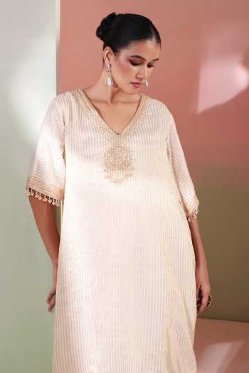 Shop_Priyanka Jain_Gold Tissue V-neck Sunehri Embroidered Kaftan And Palazzo Set 