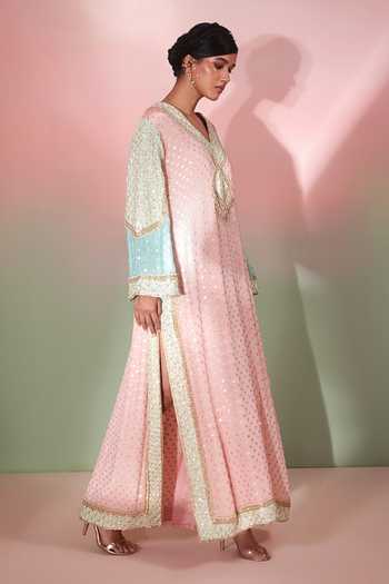 Buy_Priyanka Jain_Pink Shantoon, Georgette V-neck Gulmohar Embroidered Kaftan _Online_at_Aza_Fashions
