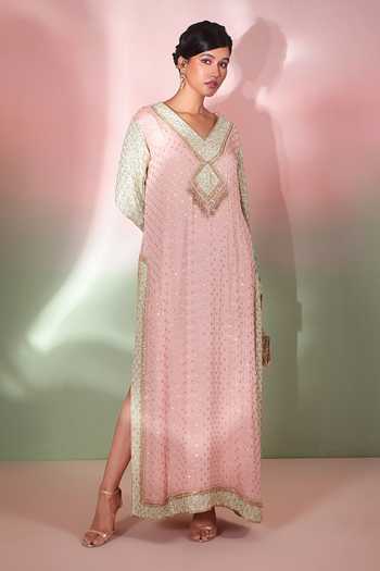 Shop_Priyanka Jain_Pink Shantoon, Georgette V-neck Gulmohar Embroidered Kaftan _Online_at_Aza_Fashions