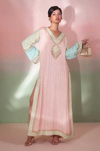 Priyanka Jain_Pink Shantoon, Georgette V-neck Gulmohar Embroidered Kaftan _at_Aza_Fashions