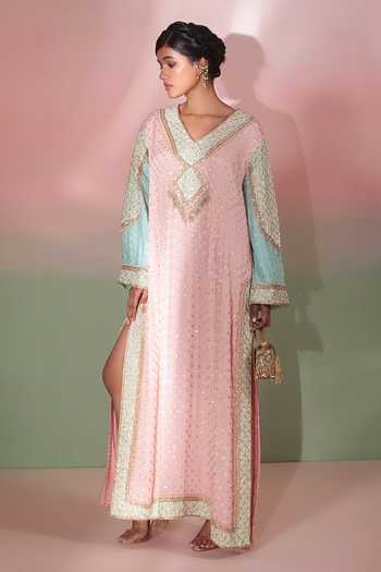 Buy_Priyanka Jain_Pink Shantoon, Georgette V-neck Gulmohar Embroidered Kaftan 
