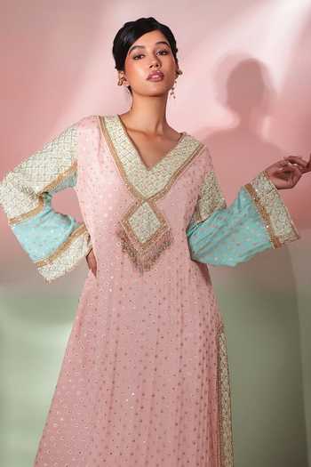 Shop_Priyanka Jain_Pink Shantoon, Georgette V-neck Gulmohar Embroidered Kaftan 