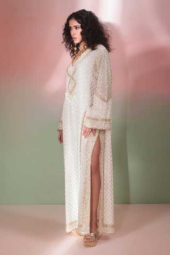 Buy_Priyanka Jain_Ivory Shantoon, Georgette V-neck Chandni Embroidered Kaftan _Online_at_Aza_Fashions