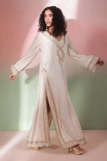 Shop_Priyanka Jain_Ivory Shantoon, Georgette V-neck Chandni Embroidered Kaftan _Online_at_Aza_Fashions