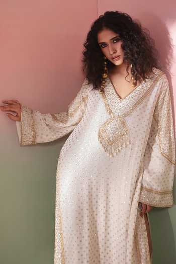 Shop_Priyanka Jain_Ivory Shantoon, Georgette V-neck Chandni Embroidered Kaftan 