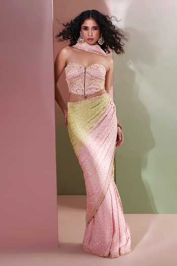 Shop_Priyanka Jain_Green Chanderi, Shantoon Sequins, Beads Sweetheart Embroidered Saree With Corset _Online_at_Aza_Fashions