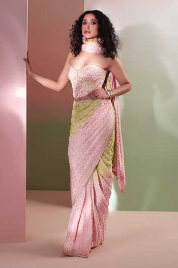Priyanka Jain_Green Chanderi, Shantoon Sequins, Beads Sweetheart Embroidered Saree With Corset _at_Aza_Fashions