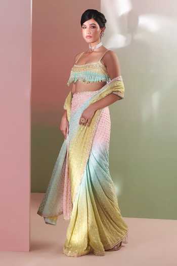 Buy Priyanka Jain Multi Color Chanderi Square Neck Rangrez Embroidered Saree And Blouse Set Online at Aza Fashions Buy_Priyanka Jain_Multi Color Chanderi Square Neck Rangrez Embroidered Saree And Blouse Set _Online_at_Aza_Fashions