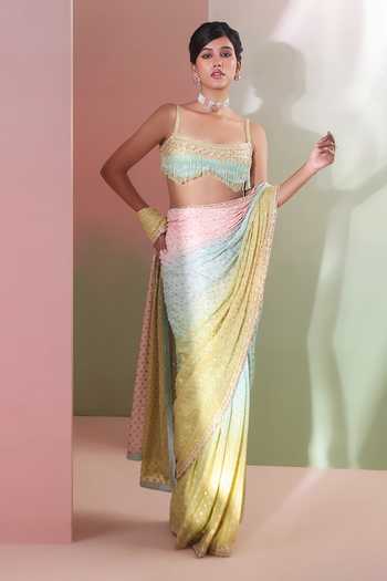 Shop Priyanka Jain Multi Color Chanderi Square Neck Rangrez Embroidered Saree And Blouse Set Online at Aza Fashions Shop_Priyanka Jain_Multi Color Chanderi Square Neck Rangrez Embroidered Saree And Blouse Set _Online_at_Aza_Fashions
