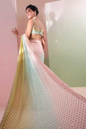 Priyanka Jain Multi Color Chanderi Square Neck Rangrez Embroidered Saree And Blouse Set at Aza Fashions Priyanka Jain_Multi Color Chanderi Square Neck Rangrez Embroidered Saree And Blouse Set _at_Aza_Fashions