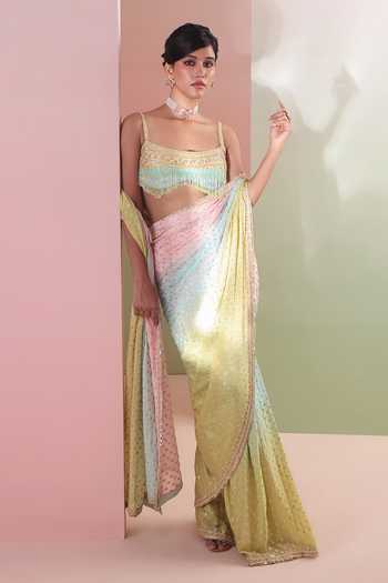 Buy Priyanka Jain Multi Color Chanderi Square Neck Rangrez Embroidered Saree And Blouse Set Buy_Priyanka Jain_Multi Color Chanderi Square Neck Rangrez Embroidered Saree And Blouse Set