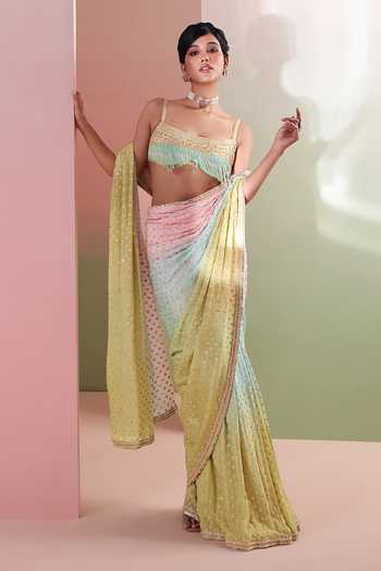 Shop Priyanka Jain Multi Color Chanderi Square Neck Rangrez Embroidered Saree And Blouse Set Shop_Priyanka Jain_Multi Color Chanderi Square Neck Rangrez Embroidered Saree And Blouse Set
