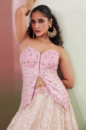 Shop Priyanka Jain Purple Chanderi Sequins, Mirrors Sweetheart Nazm Embroidered Corset Lehenga Set Online at Aza Fashions Shop_Priyanka Jain_Purple Chanderi Sequins, Mirrors Sweetheart Nazm Embroidered Corset Lehenga Set _Online_at_Aza_Fashions