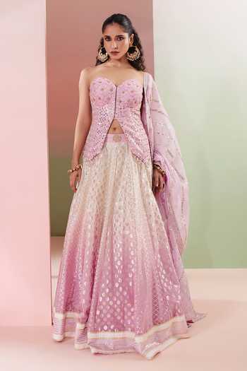 Priyanka Jain Purple Chanderi Sequins, Mirrors Sweetheart Nazm Embroidered Corset Lehenga Set at Aza Fashions Priyanka Jain_Purple Chanderi Sequins, Mirrors Sweetheart Nazm Embroidered Corset Lehenga Set _at_Aza_Fashions