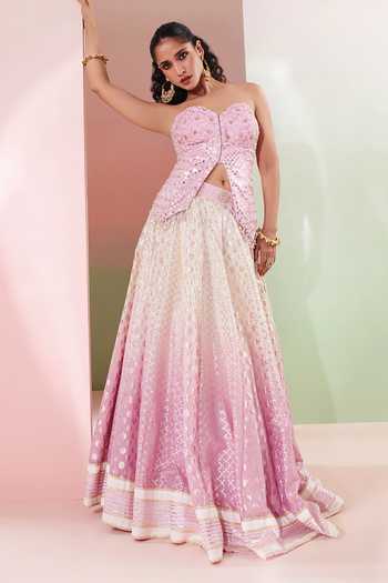 Buy Priyanka Jain Purple Chanderi Sequins, Mirrors Sweetheart Nazm Embroidered Corset Lehenga Set Buy_Priyanka Jain_Purple Chanderi Sequins, Mirrors Sweetheart Nazm Embroidered Corset Lehenga Set