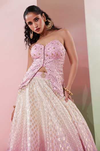 Shop Priyanka Jain Purple Chanderi Sequins, Mirrors Sweetheart Nazm Embroidered Corset Lehenga Set Shop_Priyanka Jain_Purple Chanderi Sequins, Mirrors Sweetheart Nazm Embroidered Corset Lehenga Set