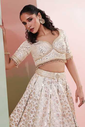 Priyanka Jain Ivory Chanderi Sweetheart Neck Sheesh Mahal Embroidered Lehenga Set Online at Aza Fashions Priyanka Jain_Ivory Chanderi Sweetheart Neck Sheesh Mahal Embroidered Lehenga Set _Online_at_Aza_Fashions