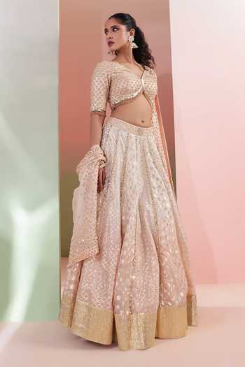 Priyanka Jain Peach Chanderi V-neck Gulnaar Embroidered Lehenga Set Online at Aza Fashions Priyanka Jain_Peach Chanderi V-neck Gulnaar Embroidered Lehenga Set _Online_at_Aza_Fashions