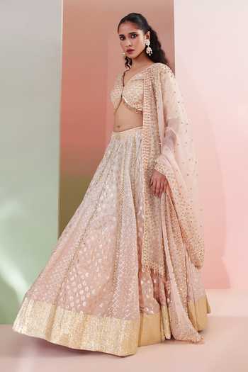 Buy Priyanka Jain Peach Chanderi V-neck Gulnaar Embroidered Lehenga Set Online at Aza Fashions Buy_Priyanka Jain_Peach Chanderi V-neck Gulnaar Embroidered Lehenga Set _Online_at_Aza_Fashions