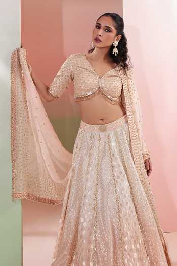 Buy Priyanka Jain Peach Chanderi V-neck Gulnaar Embroidered Lehenga Set Buy_Priyanka Jain_Peach Chanderi V-neck Gulnaar Embroidered Lehenga Set