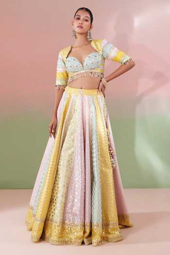 Shop_Priyanka Jain_Multi Color Chanderi Sweetheart Neck Rangrez Embroidered Lehenga Set _Online_at_Aza_Fashions