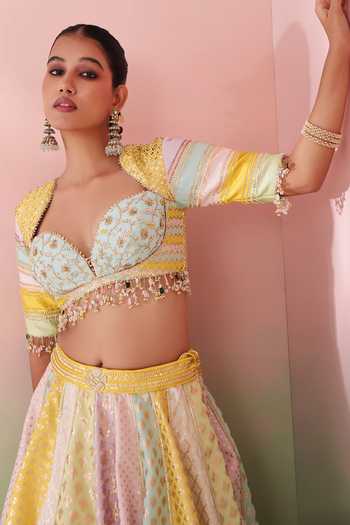 Shop_Priyanka Jain_Multi Color Chanderi Sweetheart Neck Rangrez Embroidered Lehenga Set 